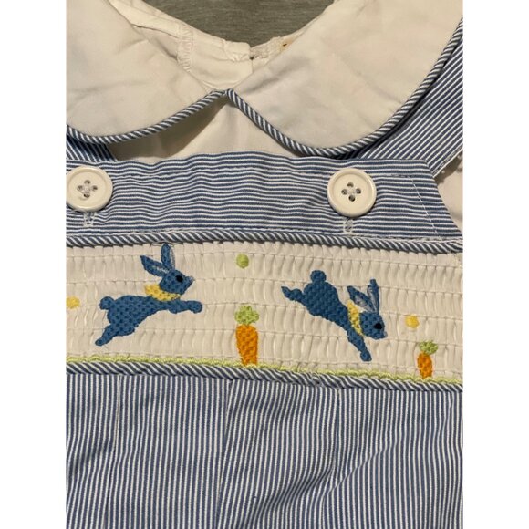Vintage Toffee Apple Baby Romper 6M Blue/White Striped Outfit With Bunny/Carrot - Picture 2 of 7
